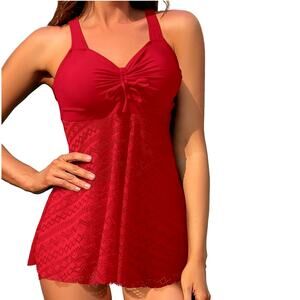 SuperPrity NWT Red Crochet Lace Tankini Top Crossover Back Flattering Sz L